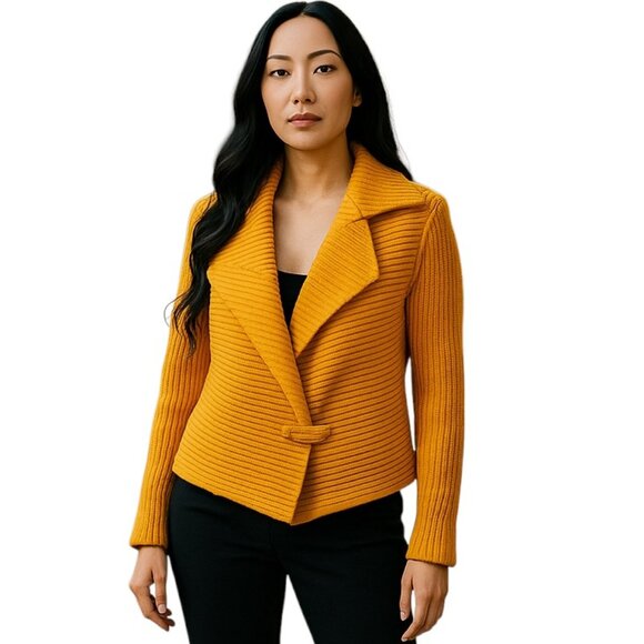 Bellamie Mustard Ribbed Knit Wrap Sweater Jacket M |  Asymmetrical cardigan - Picture 1 of 8